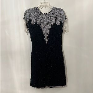 vintage 1980'S M. J. CARROLL BLACK WHITE BEADED BODYCON COCKTAIL DRESS SIZE L